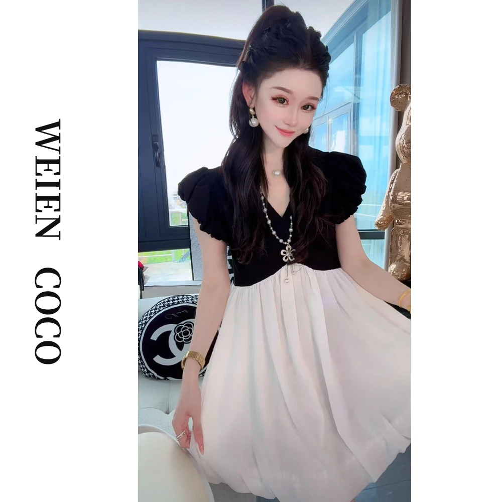 【薇恩COCO】时尚镂空拼色连衣裙气质修身V领夏季日常短袖K4898