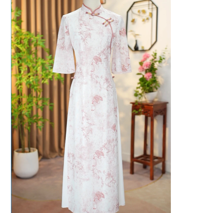 西田鱼2025夏季新款清新淡雅奥黛修身显瘦日常穿搭改良旗袍裙