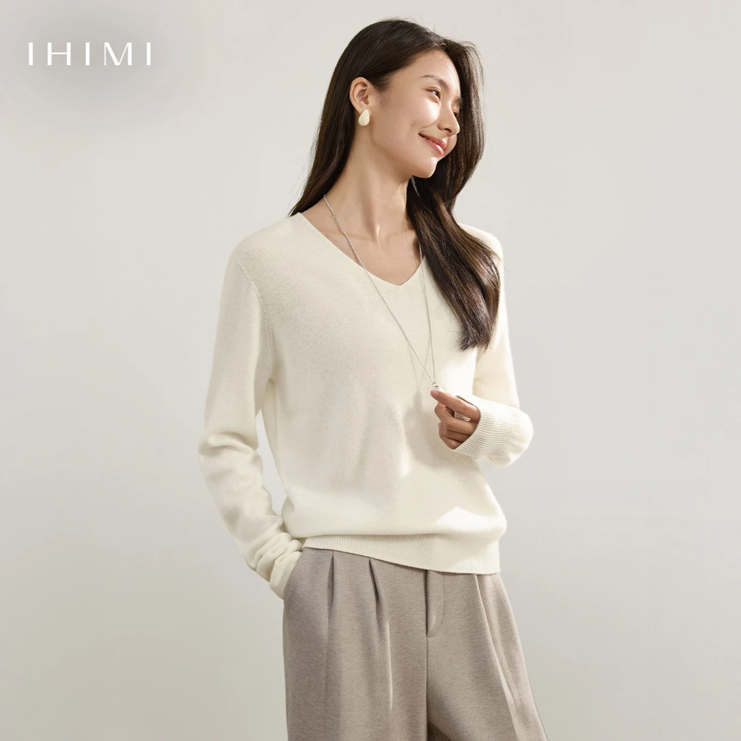 IHIMI/海谧2025秋季女V领羊绒打底衫知性优雅百搭叠穿风打底毛衣