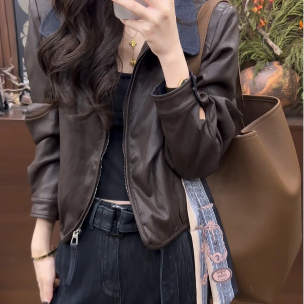 璐璐定制--小翻领短款皮衣外套女欧货2025秋季时尚洋气显瘦夹克