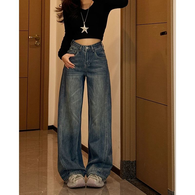 【米米家】复古蓝水洗设计牛仔裤新款百搭显瘦阔腿裤垂感小个子女