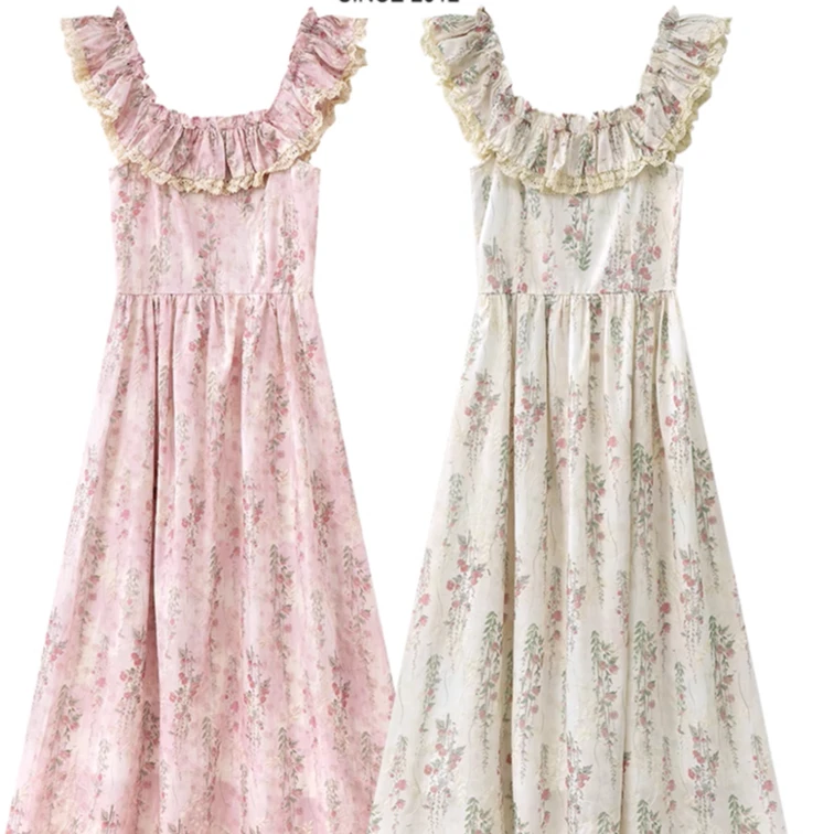 （清货）油画感碎花小清新重工蕾丝花边收腰方领连衣裙2030