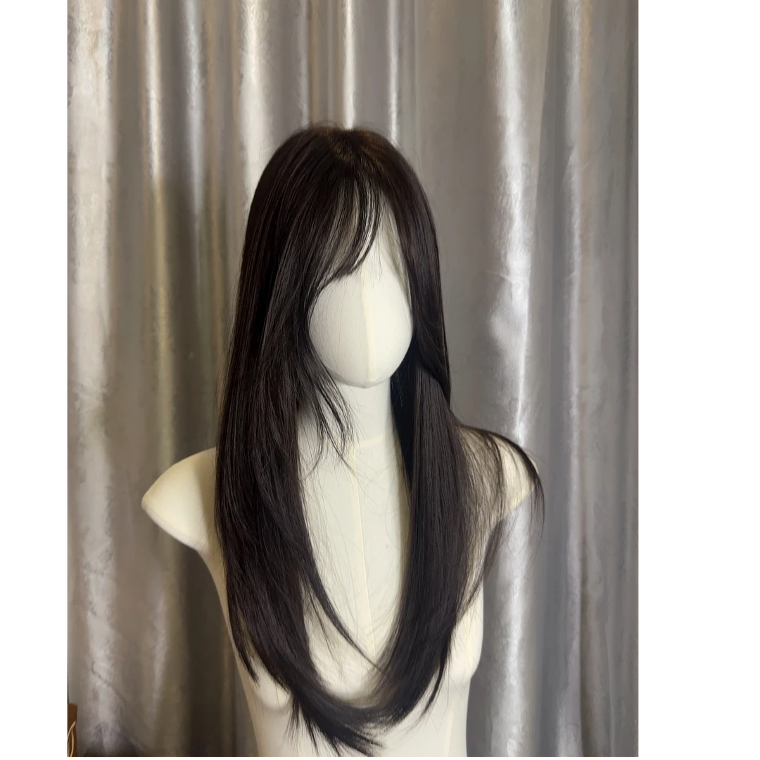 【蕾丝补发片】60cm黑茶色遮盖补发片含真人发空气刘海轻薄蕾丝假发