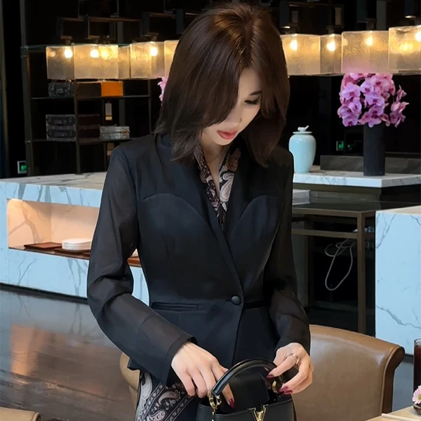 LUXURYMEMO【小姨风】醋酸气质褶皱V领网纱微透长袖西装