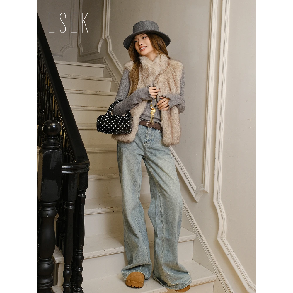 ESEK 秋冬季仿灵云狐立领款皮草保暖百搭休闲时尚马甲