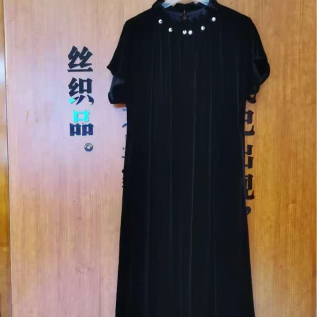 桑蚕丝植绒长款木耳领珍珠大气经典款丝绒连衣裙 Q32S11-220899