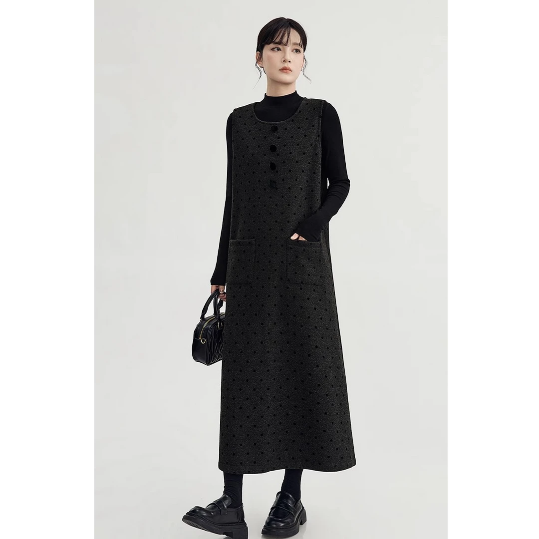 GUIER/桂儿波点背心连衣裙女法式宽松显瘦百搭毛呢保暖长裙XH5190