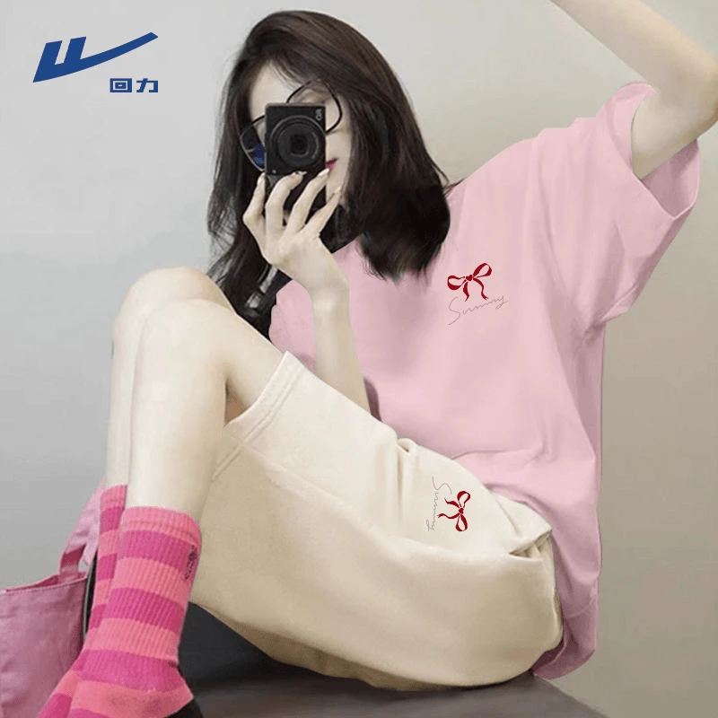 【回力】粉色运动套装女夏季2025新款跑步休闲宽松短袖短裤运动服