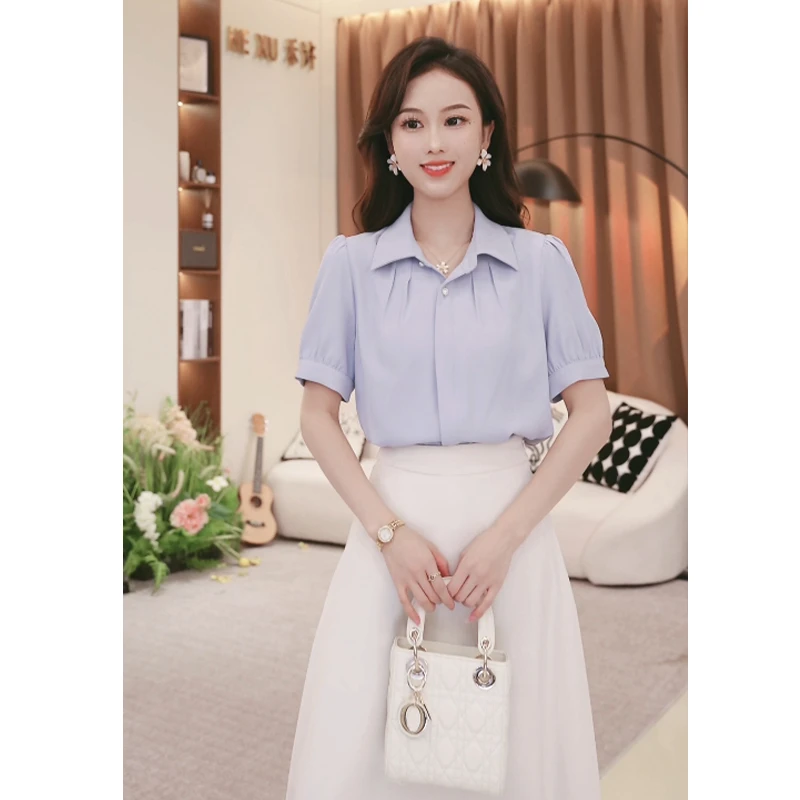 蓝色衬衫女2025夏季新款小个子职业上衣正装衬衣TU27806
