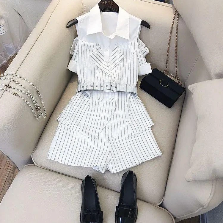 2025夏季新款气质港风条纹小个子显瘦露肩洋气职业两件套装