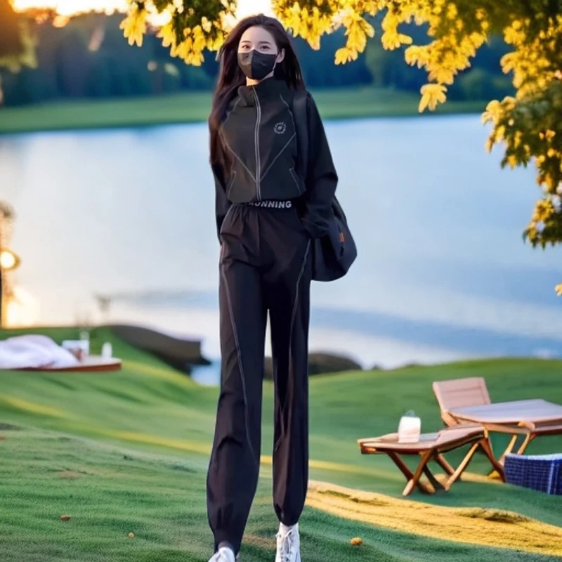 欧货黑色休闲运动服套装女秋宽松洋气秋季套装女款爆款2025新款
