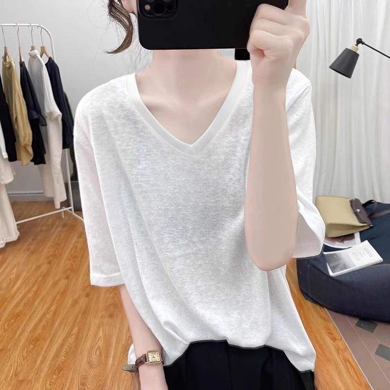薄款雪花棉亚麻棉麻肌理感基础款V领短袖女柔软T恤夏亲肤透气上衣