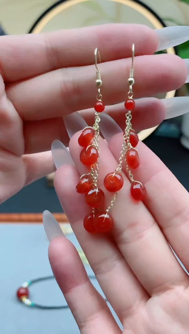 玛瑙/玉髓耳饰银S925镶嵌1算盘珠红