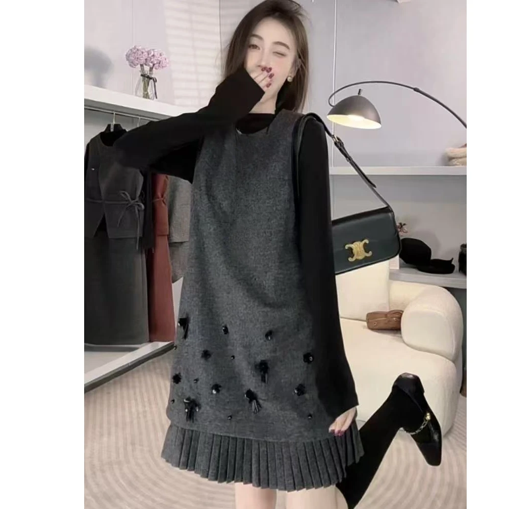 春季法式小香风名媛百褶连衣裙+打底衫两件套#919【衣长56裙长86】