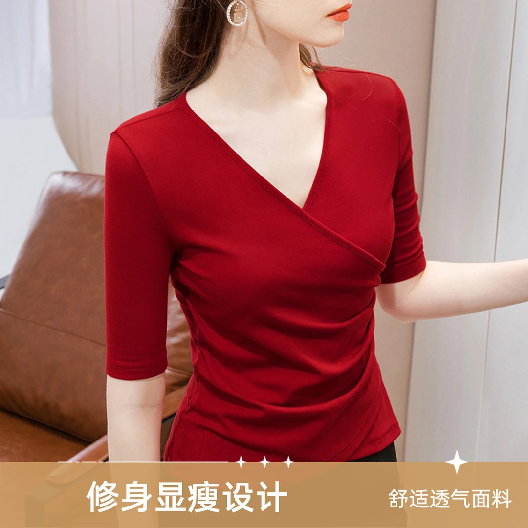 中袖t恤女夏2025新款女装交叉v领半袖棉体恤褶皱收腰别致上衣