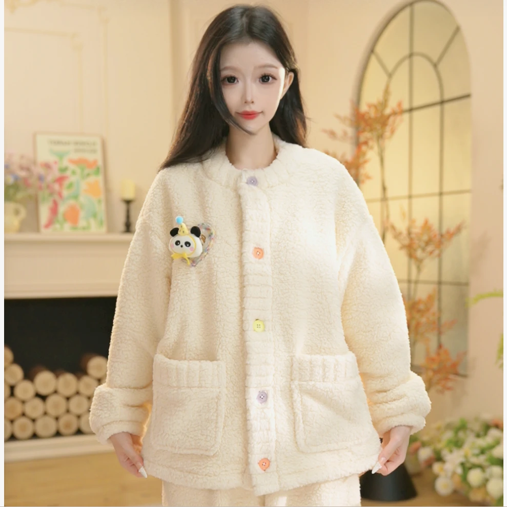 【熊猫派对】 H冬季新款长袖加绒家居服秋冬季加绒加厚保暖舒适睡衣