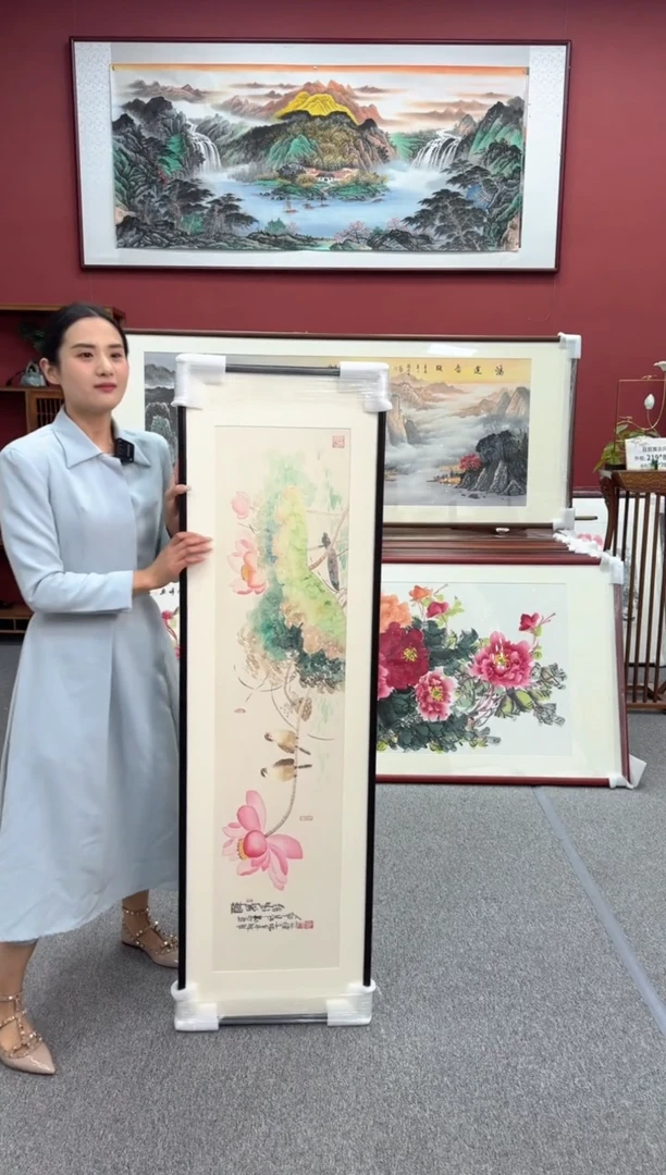 国画手绘 醉荷清趣  150*45