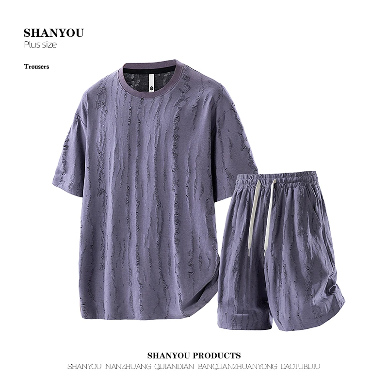 2025新款夏季大码套装痞帅潮牌重磅宽松百搭短袖短裤胖男生两件套