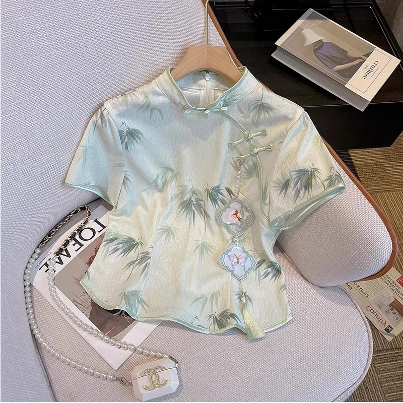 夏季中国风水墨画绿色盘扣短袖衬衫女新中式气质禅意短款唐装上衣