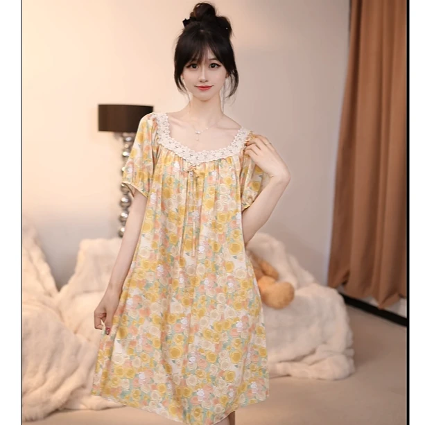 查理夫人【橘酿花眠】短袖气质睡裙家居服蕾丝显瘦时尚夏季优雅