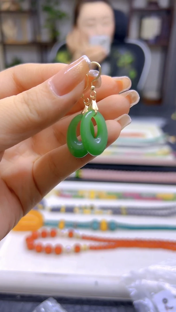 和田玉（碧玉）14K金镶嵌耳饰DIY款E870