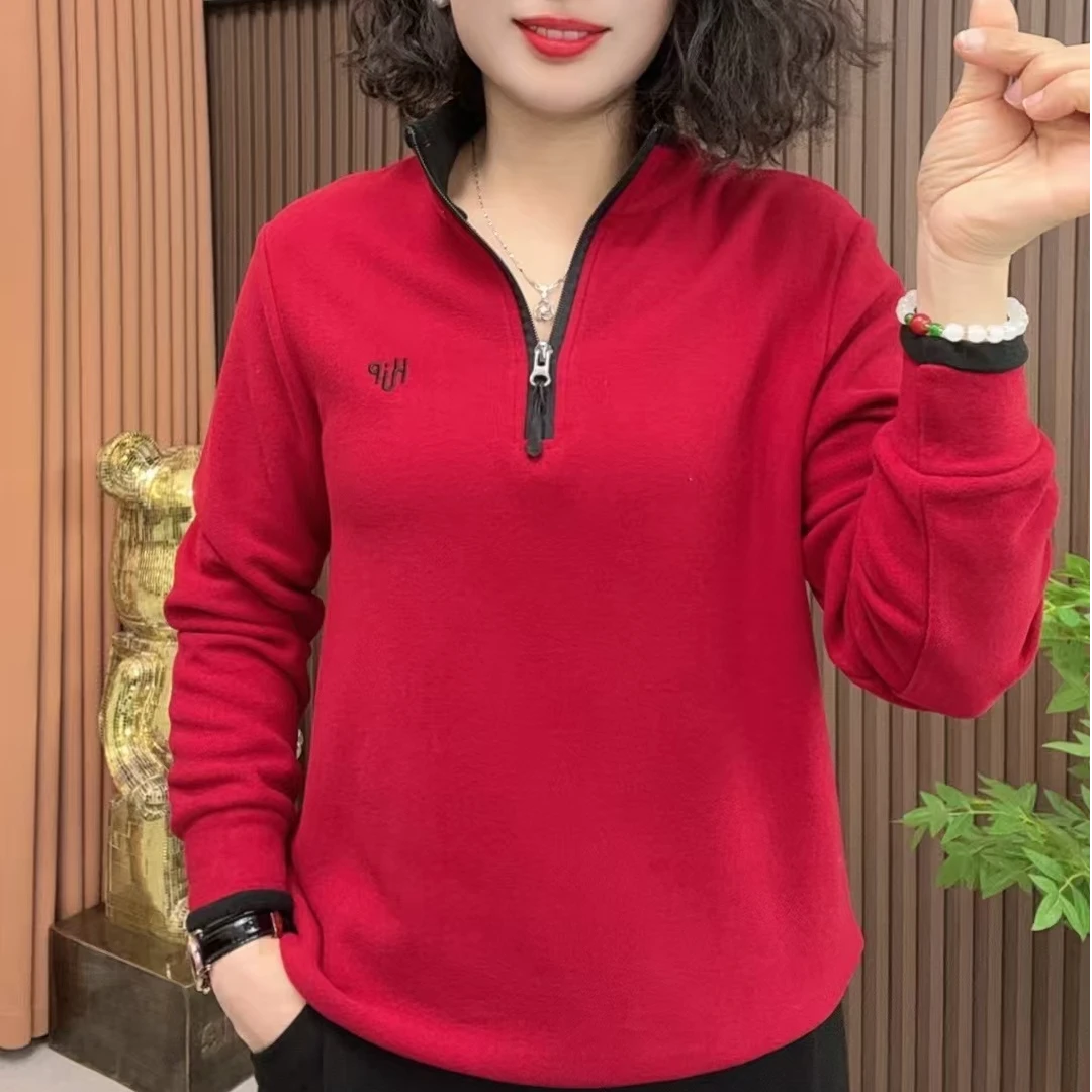 妈妈红色上衣时尚气质女士立领拉链显瘦宽松百搭长袖运动减龄打底