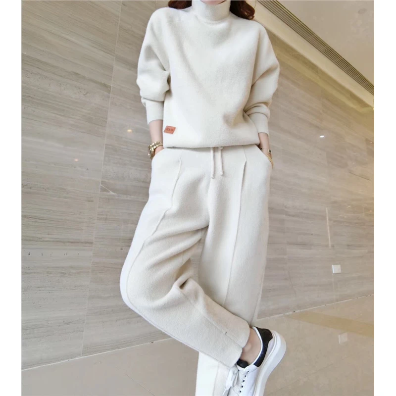 欧洲站2025新款时尚双面休闲萝卜裤套装女网红休闲针织两件套女秋