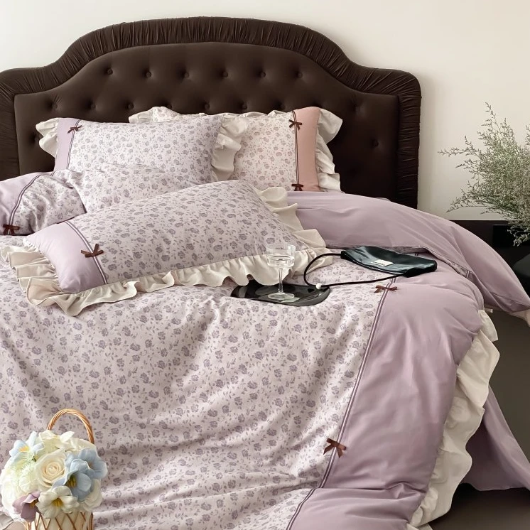 法式复古风全棉磨毛四件套小碎花印花加厚蝴蝶结被套床上用品紫色