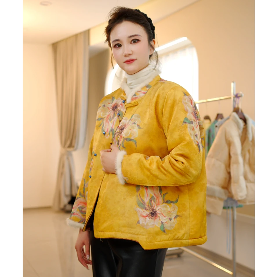 《荣华富贵》香云纱拼接水貂绒雕花加棉加厚棉服上衣短款复古立领