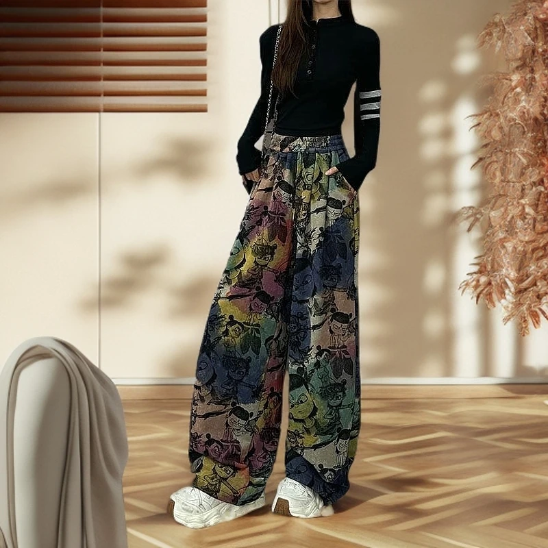 哪吒印花中腰国潮2025显瘦阔腿垂感休闲裤子时尚轻奢爆款舒适夏