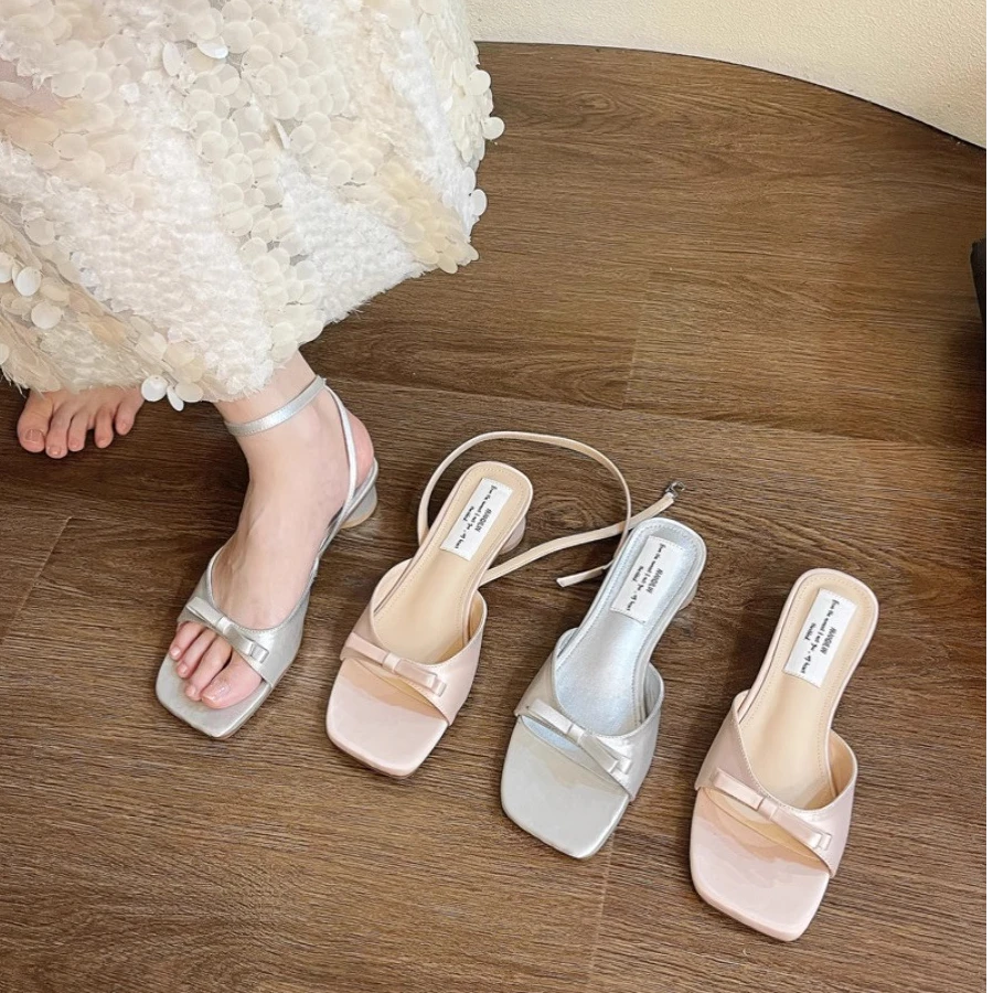 法式底露脚趾法式淑女风一字带方头粗跟2025新款蝴蝶结露趾凉鞋女