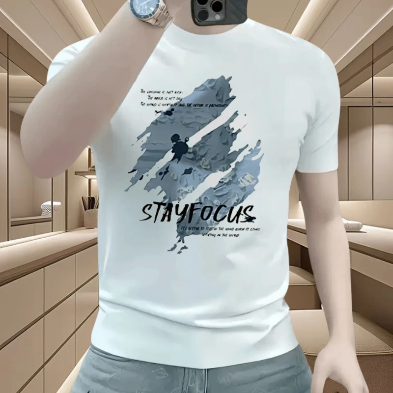 潮牌男士短袖T恤2025夏季新款男装圆领宽松印花休闲轻奢纯棉体恤