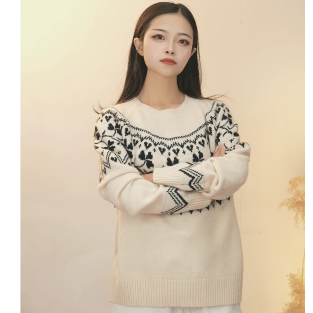 新年快乐E家重工款费尔岛100%纯山羊绒衫女士秋冬加厚款大毛衣