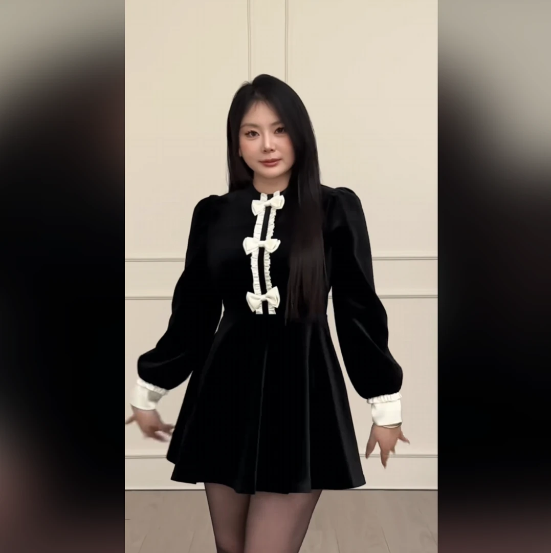 【大小姐】“冬日序曲”法式气质甜美显瘦设计感拼接长袖黑色连衣裙