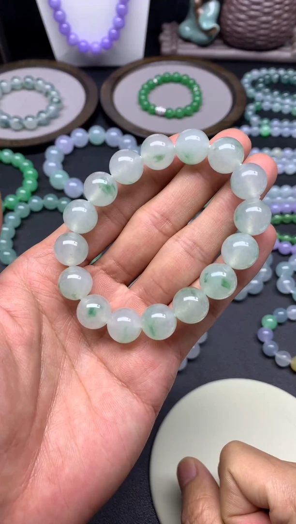 未镶嵌手链翡翠天然缅甸翡翠A货白底青飘绿花手串卡12.8mm