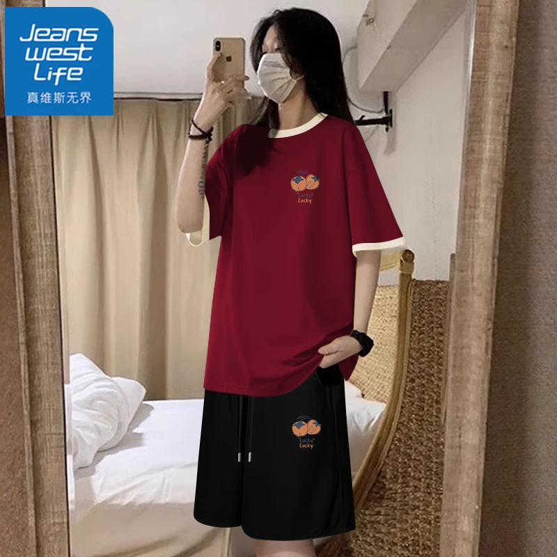 真维斯无界多巴胺纯棉短袖短裤女士运动套装2025新款休闲一整套夏