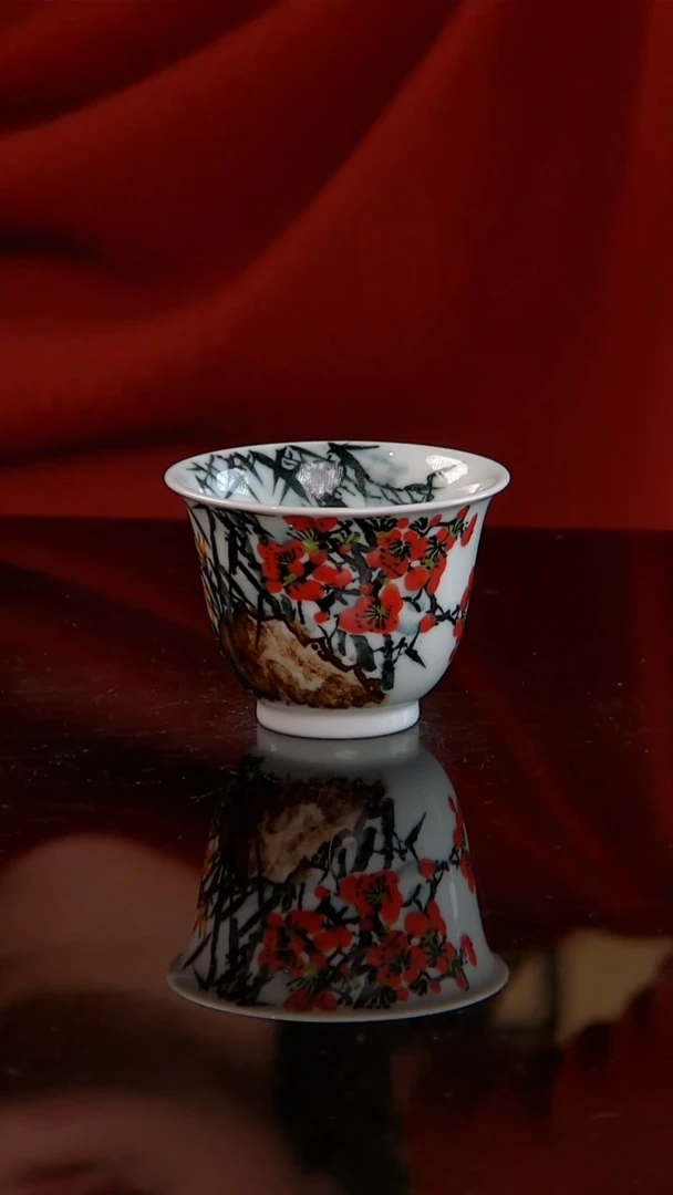 李华手绘釉中五彩梅兰竹菊大铃铛杯