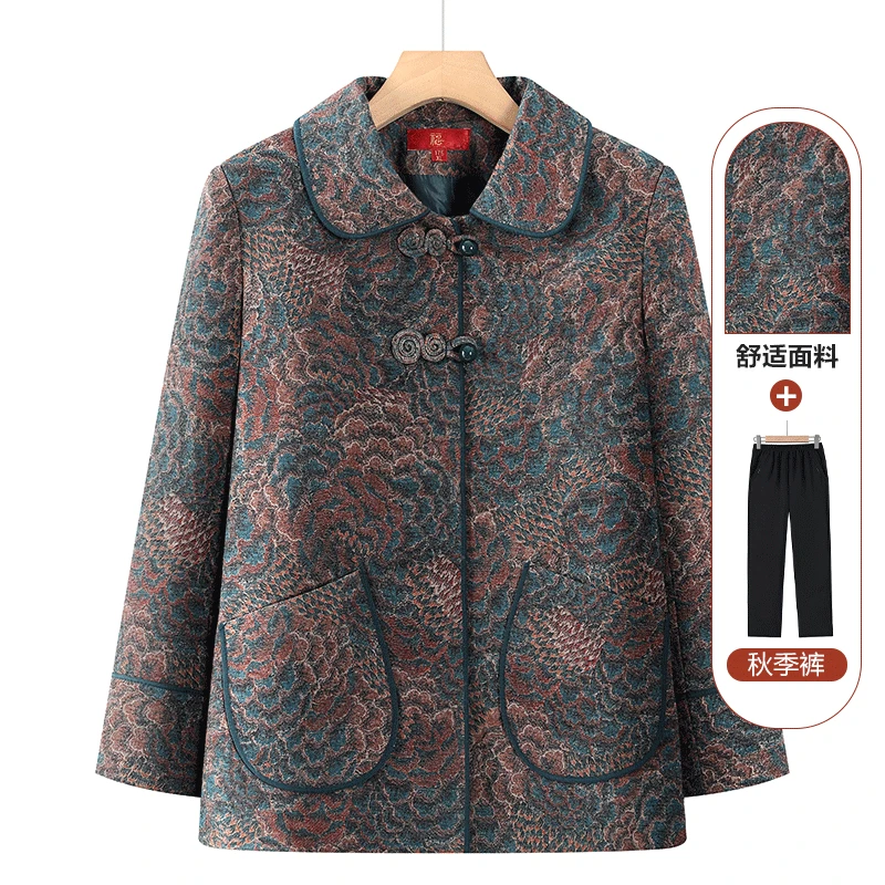 中老年人翻领2025年秋季新款长袖毛呢外套复古花纹奶奶装衣服