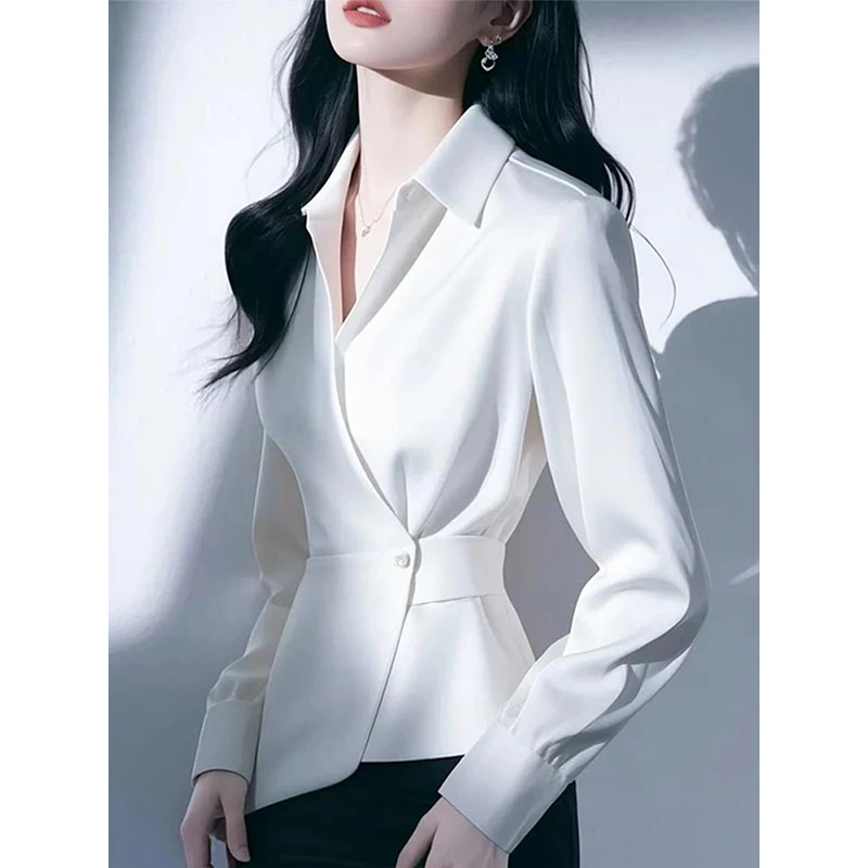 白色长袖缎面衬衫春季女2025新款收腰小衫超好看独特漂亮v领上衣
