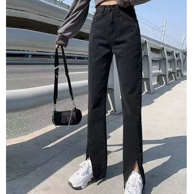 CK2152高腰开叉黑色牛仔裤女直筒宽松显瘦微喇裤