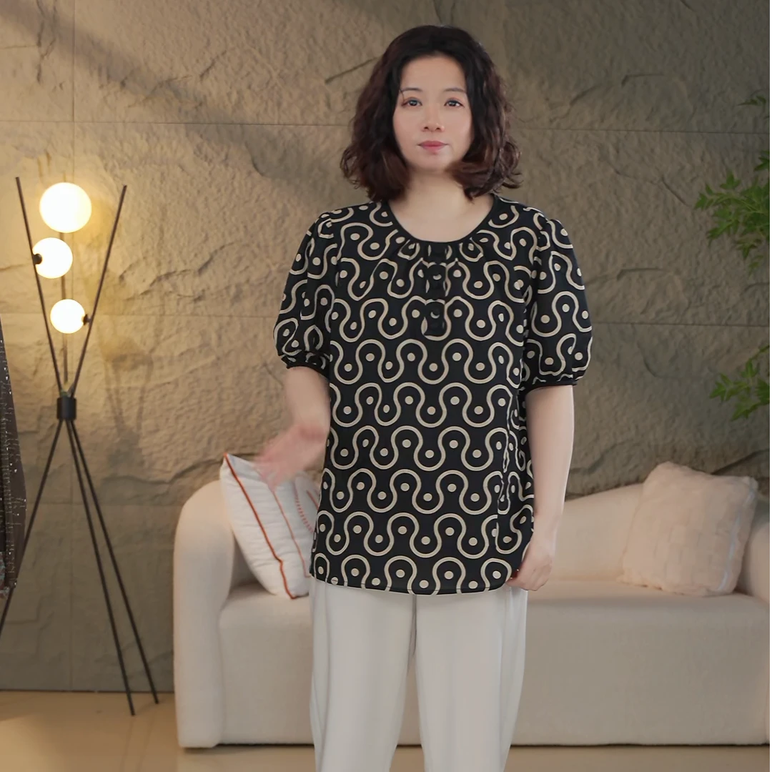 2025春夏新款黑色圆领泡泡袖上衣个性回形纹印花简约又时尚236