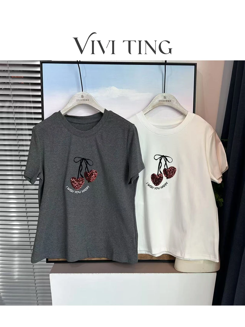 【VIVI·TING】婷姐推荐春装字母刺绣亮片樱桃印花设计短袖T恤s109