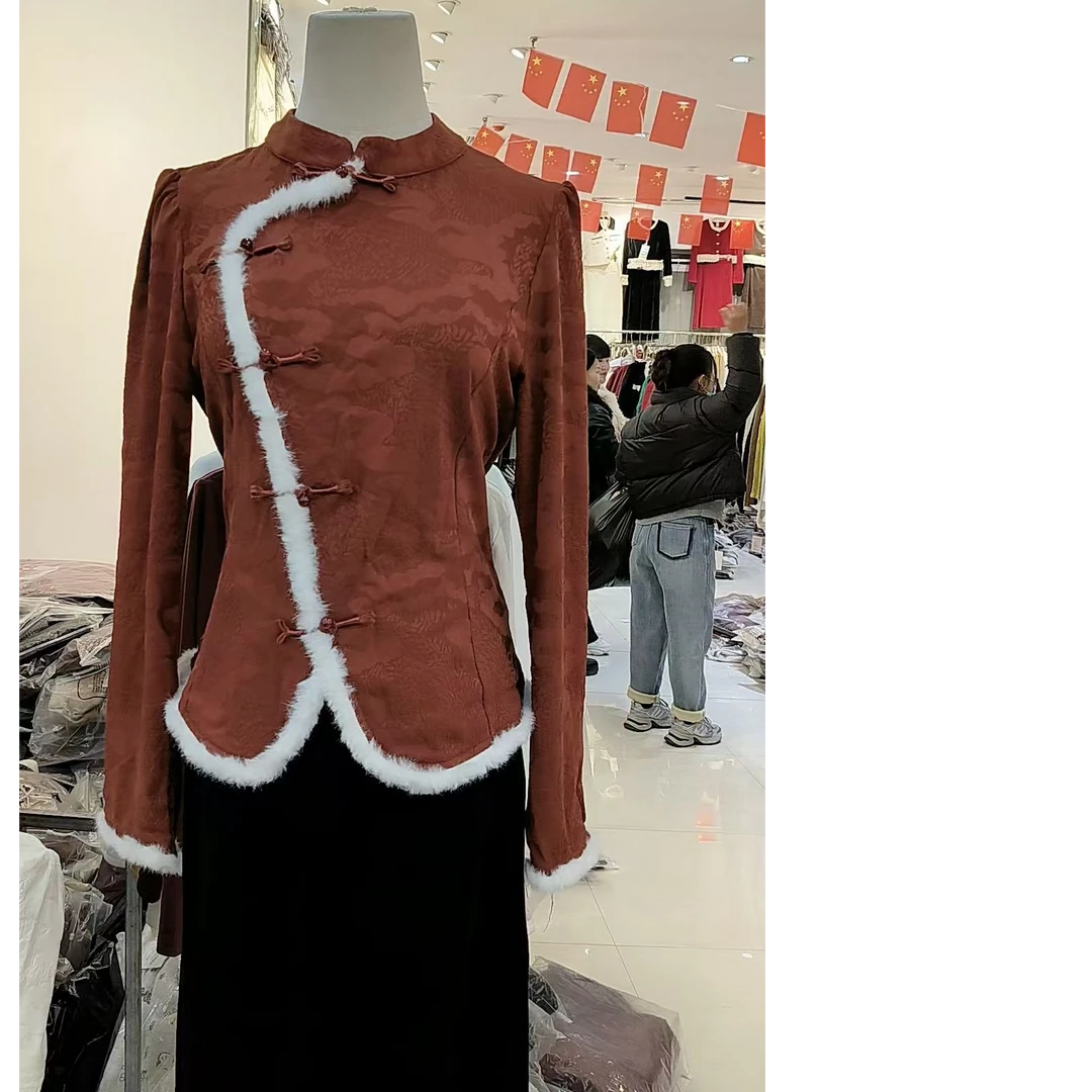 2797#秋冬新款新中式国风盘扣提花刺绣磨毛长袖打底