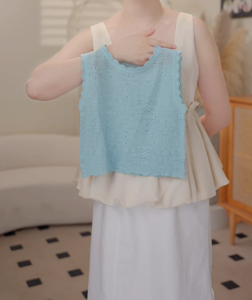 【现货】2025夏季女童韩版时尚宽松清新蓝色花边背心2553B