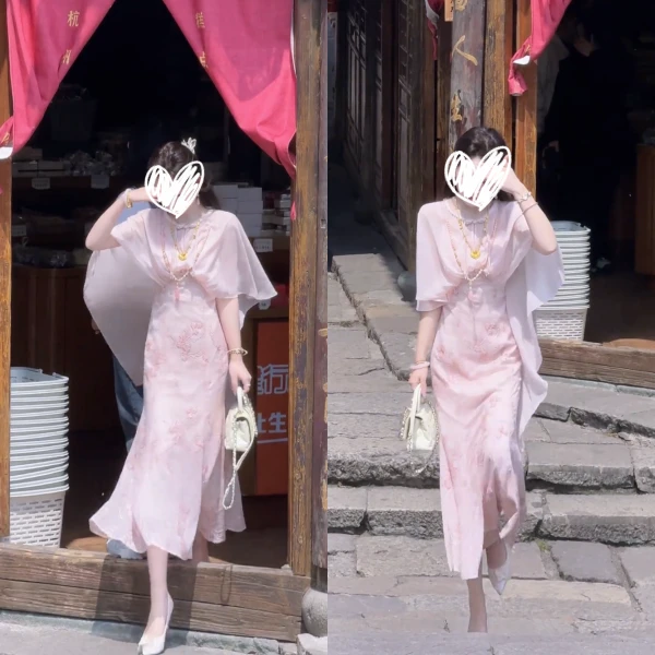 2025新中式国风温柔风高级感粉色网纱披肩提花连衣裙女假两件套装