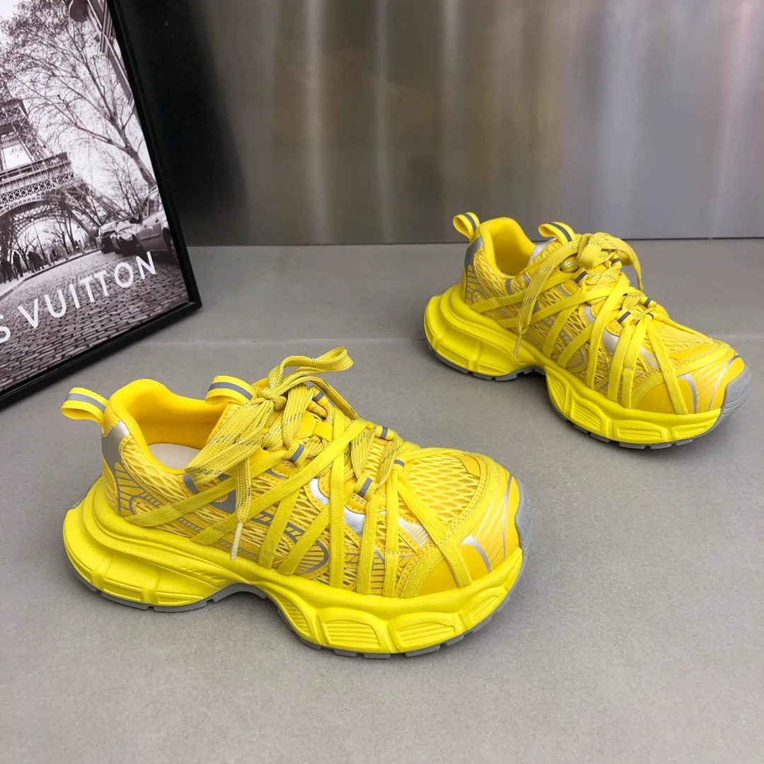 黄色巴黎绑带厚底老爹鞋2025春夏新款网面透气时尚运动休闲女