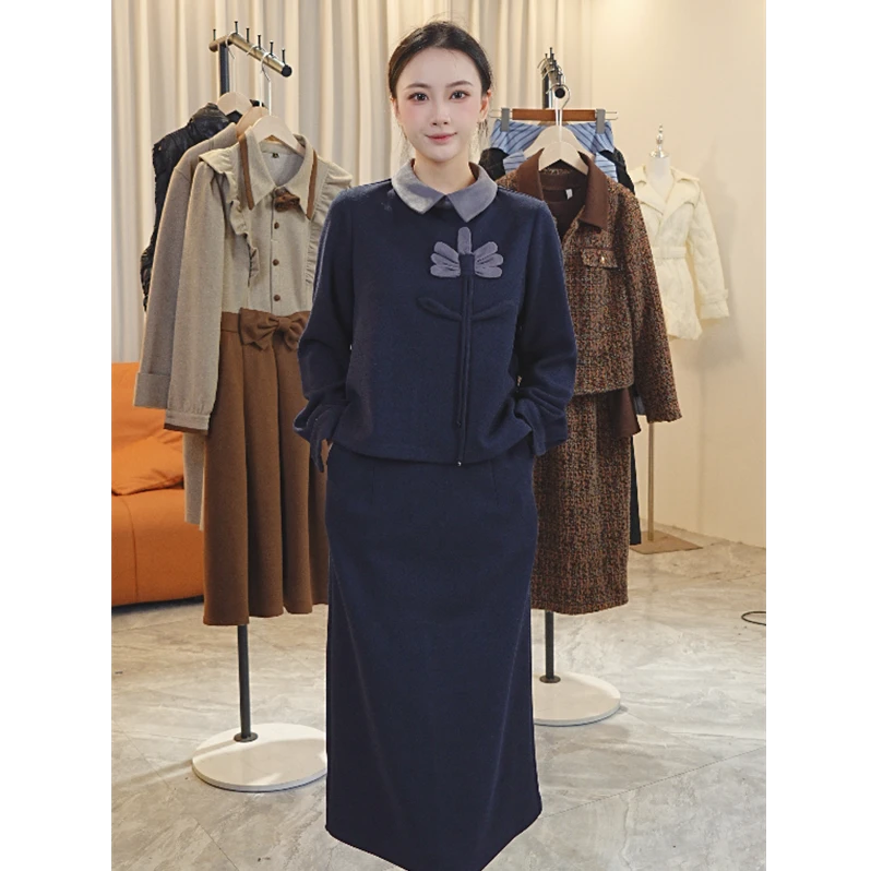 Y1538中长款秋冬新款时尚气质高级感显瘦洋气俩件套连衣裙