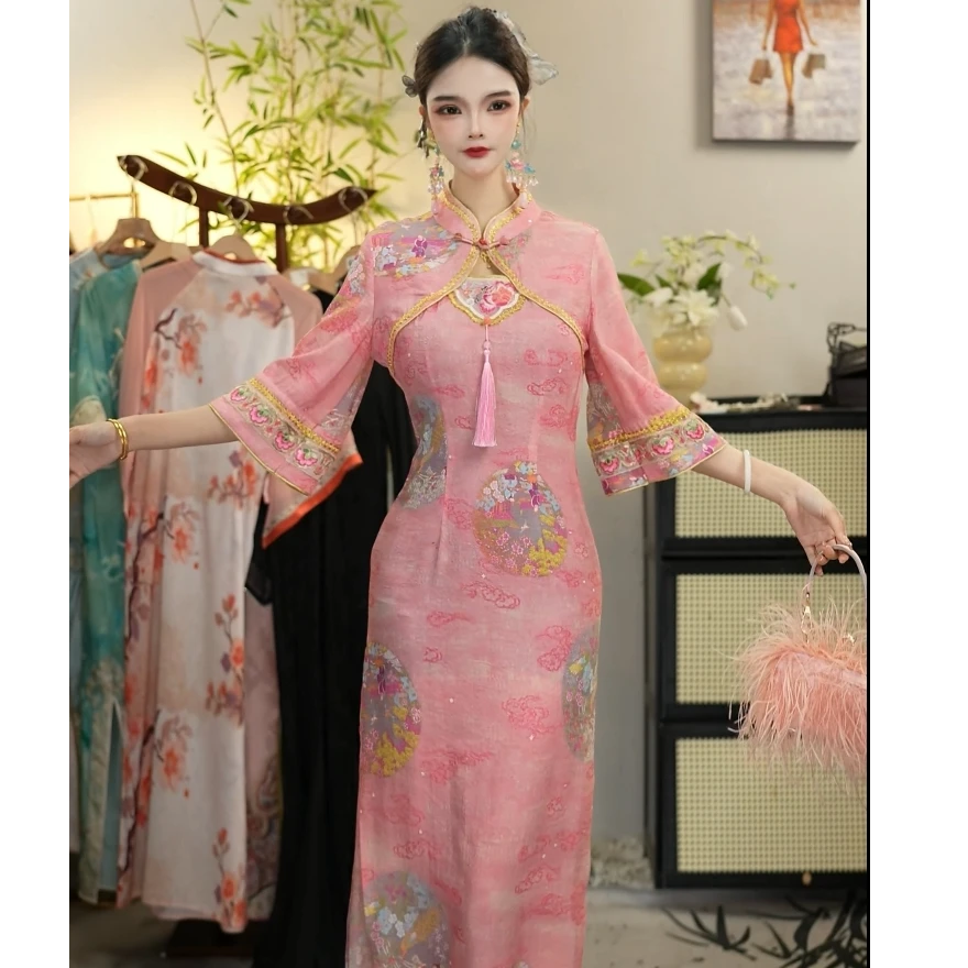 花享悦2025夏季新款中国风飘逸粉色日常长款旗袍WW（1620）