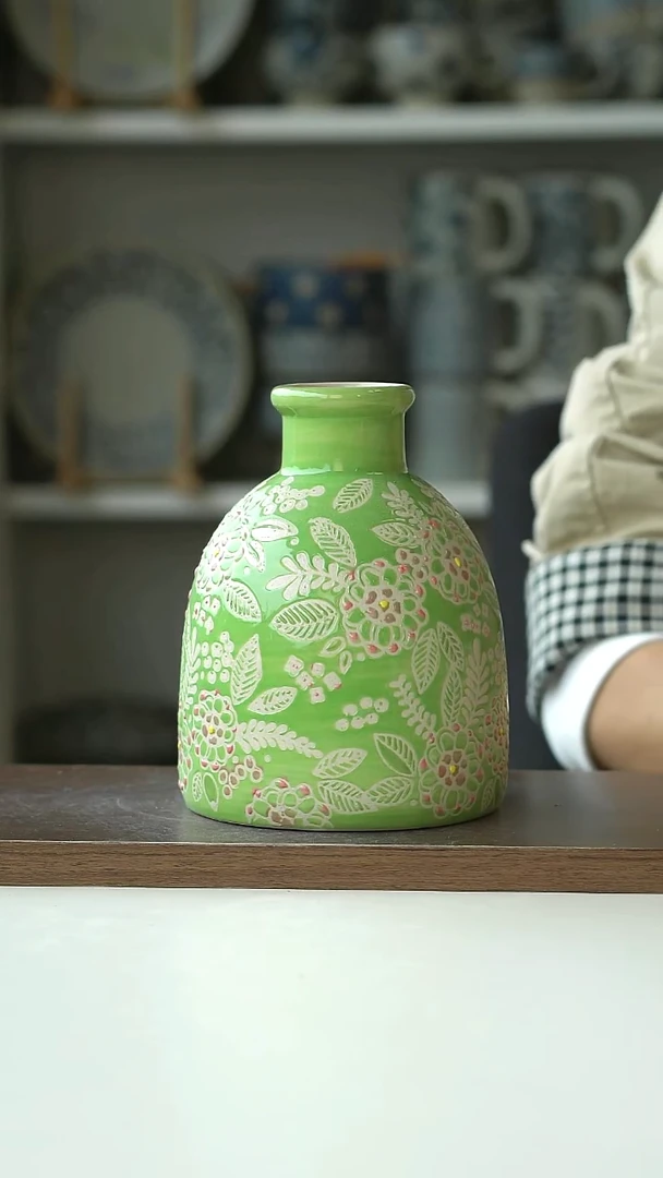陶出法Langs手绘油画风绿色花瓶16cm@4-2@