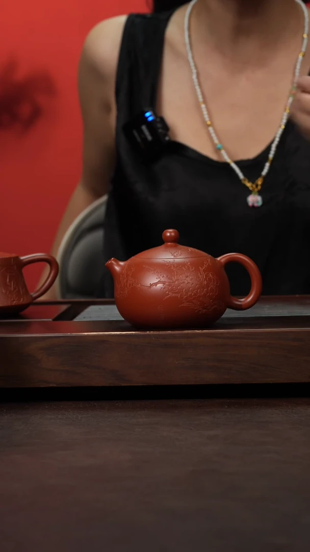 茶壶紫砂朱泥刻绘梅花西施200cc